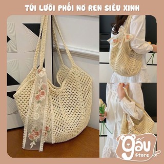 Túi Tote Lưới Đeo Vai Phối Nơ Ren Đi Biển Hot Trend, Du Lịch Mùa Hè Phong Cách Hàn Quốc Nàng Thơ Vintage Siêu Xinh