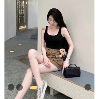 Set 2 món áo hai dây bản to + chân váy ngắn gắn gấu cute