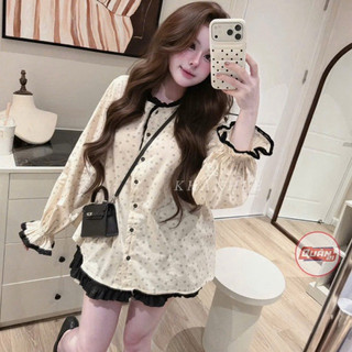 QCL1 7150 Áo sơ mi hoa nhí phối viền ống tay bo chun siêu hot siêu xinh form to rộng(Freesize)