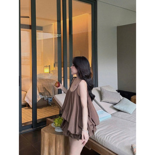 SET ÁO HAI DÂY MIX CHÂN VÁY BỒNG BÍ NÂU ĐẬM BASIC KIEUTRANG RK, BỘ ĐỒ NỮ