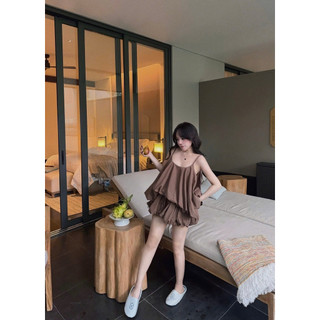 SET ÁO HAI DÂY MIX CHÂN VÁY BỒNG BÍ NÂU ĐẬM BASIC KIEUTRANG RK, BỘ ĐỒ NỮ