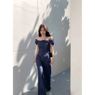 SET BỘ ÁO TRỄ VAI NGẮN CÚC DỌC MIX QUẦN SUÔNG DENIM, BỘ BÒ NỮ