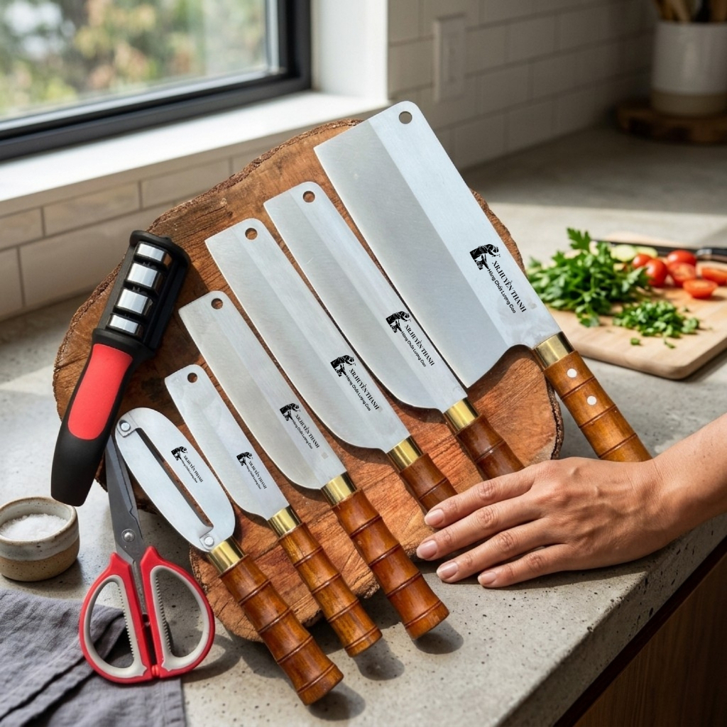 {MUA 6 TẶNG 2} Bộ Dao Thép Trắng Kháng Han Rỉ Cao Cấp, Cán Trúc Chắc Chắn Được Rèn Thủ Công Tặng Máy Mài + Kéo