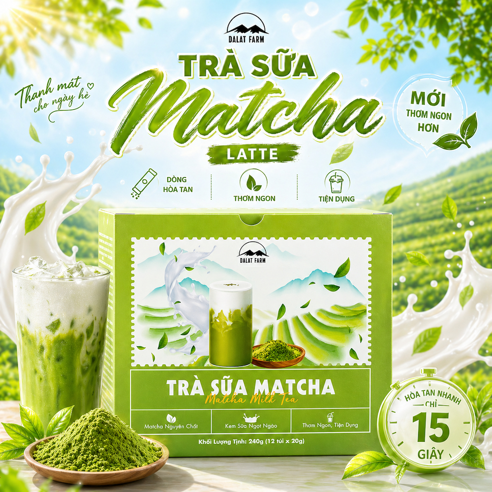 Trà Sữa Matcha Latte DalatFarm - Hộp 240g (12 túi x 20g)