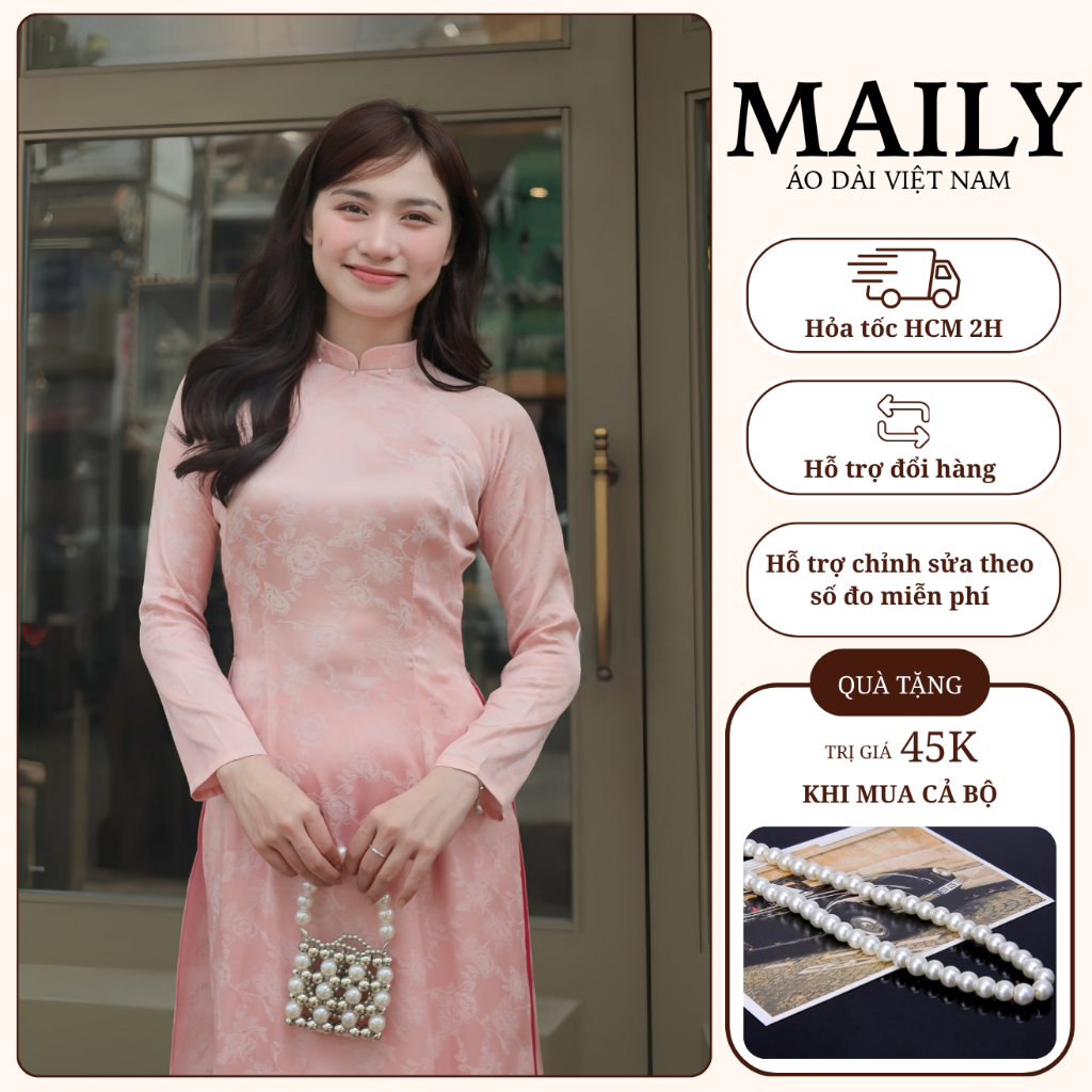 Áo Dài Mộc Cẩm Chất Gấm Mềm Mại, Thiết Kế Cổ Cao Tay Dài Dáng Ôm Truyền Thống Tôn Dáng - ÁO DÀI MAILY