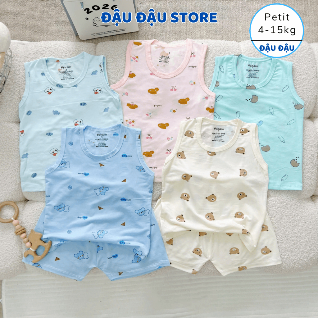 Set 3/5 bộ ba lỗ thun petit sơ sinh phối hoạ tiết mềm mịn cho bé trai gái size 4 -14 kg DK-BL06M Đậu Đậu Store