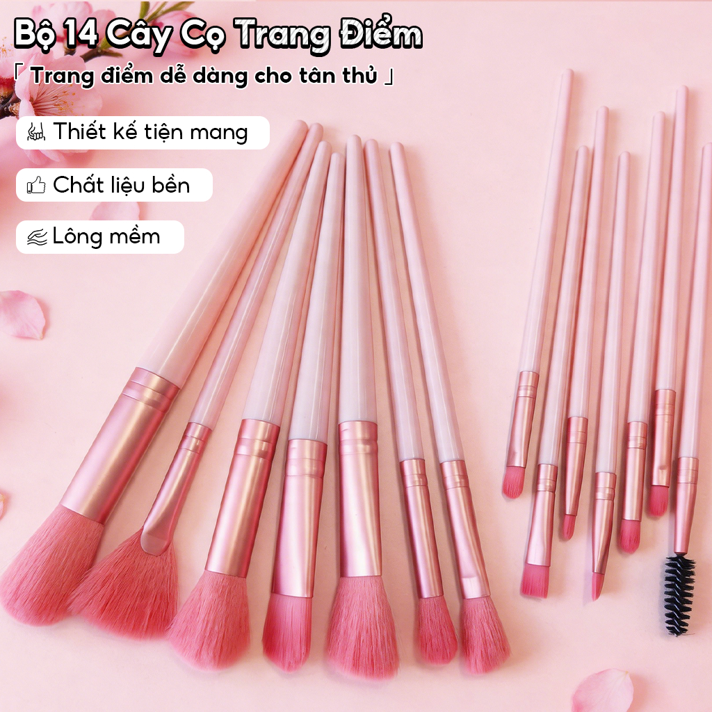 Bộ cọ trang điểm cá nhân cao cấp 14 cây kèm túi đựng bằng vải( màu hồng )