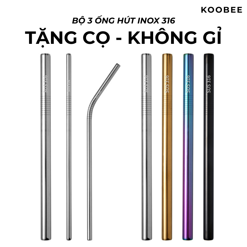 [TẶNG CỌ VỆ SINH] Bộ 3 Ống Hút Inox 316 KOOBEE Cao Cấp – Tái Sử Dụng, An Toàn, Bền Bỉ | 132