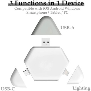 Đầu đọc thẻ đa năng 3in1 Type-C / Laining / USB - đọc thẻ TF/SD lên tới 1TB (Trắng)