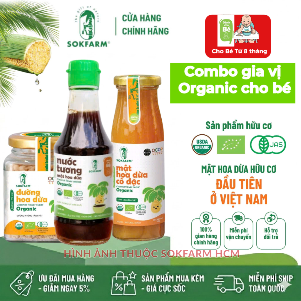 [Combo cho Bé] Tương, Đường & Mật Hoa Dừa Organic Sokfarm, an toàn cho bé, Organic USDA, EU, JAS