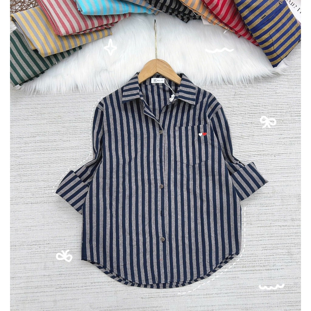 Áo Sơ Mi Nữ Tay Dài Kẻ Sọc Chất Vải Thô Mềm 1Túi Thêu Tim Nhiều Màu