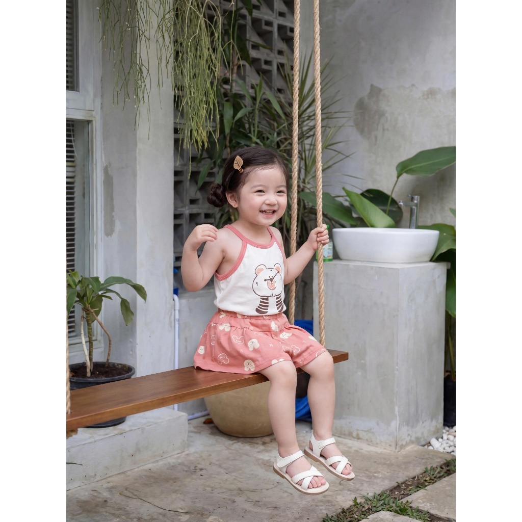 Set bộ 2 dây bé gái dáng áo yếm in gấu Miniumbaby mix quần rộng dáng váy, chất cotton mềm mát SB2739