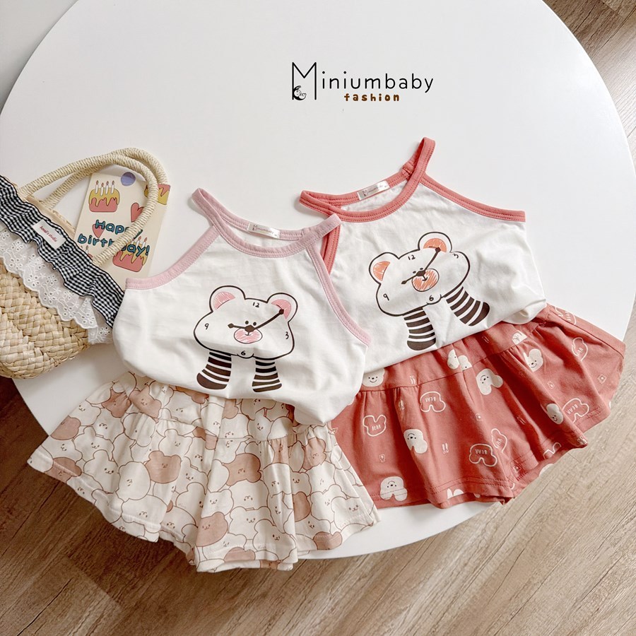 Set bộ 2 dây bé gái dáng áo yếm in gấu Miniumbaby mix quần rộng dáng váy, chất cotton mềm mát SB2739