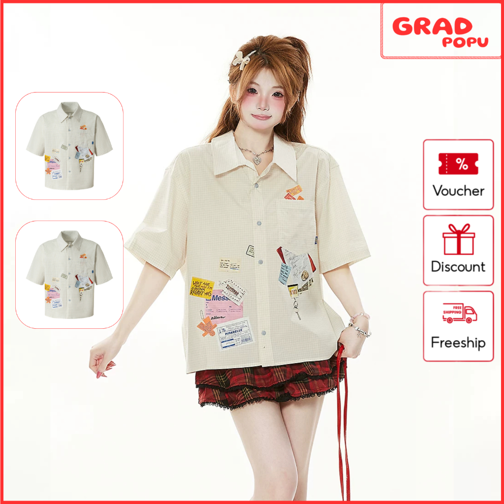 Áo sơ mi nữ GRADPOPU tay ngắn sọc caro form rộng phối túi hộp đính tag phong cách Hàn Quốc SM86