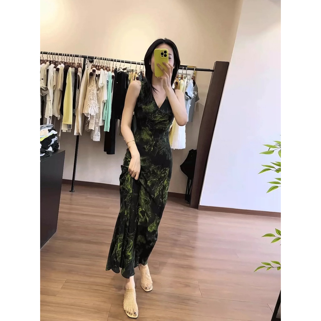 Váy Maxi Ôm Body Cổ Tim Họa Tiết Xanh Đen Sang Chảnh , Đầm Dài Dáng Suông Tôn Dáng Thanh Lịch New 2026