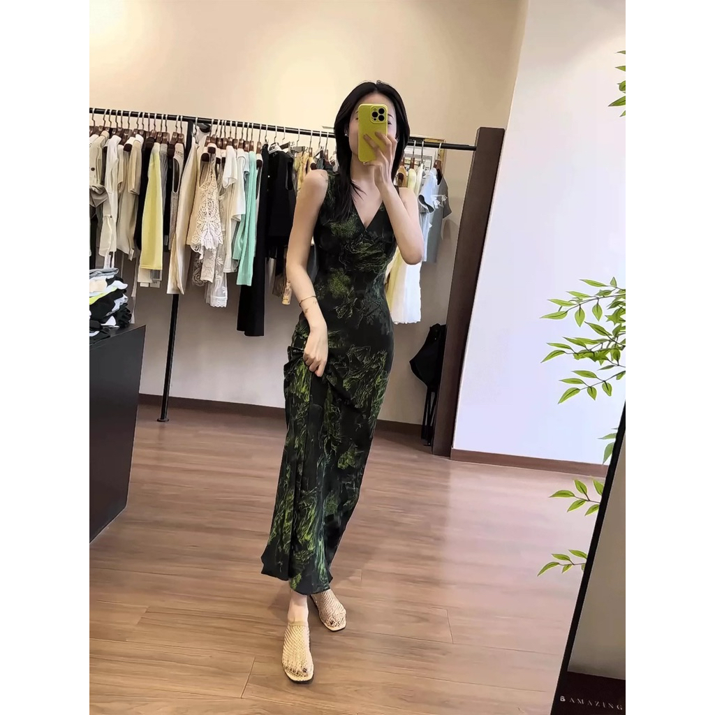 Váy Maxi Ôm Body Cổ Tim Họa Tiết Xanh Đen Sang Chảnh , Đầm Dài Dáng Suông Tôn Dáng Thanh Lịch New 2026