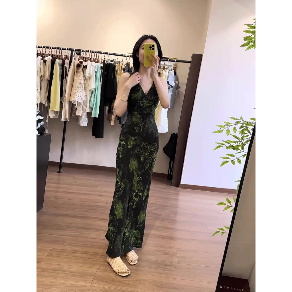 Váy Maxi Ôm Body Cổ Tim Họa Tiết Xanh Đen Sang Chảnh , Đầm Dài Dáng Suông Tôn Dáng Thanh Lịch New 2026