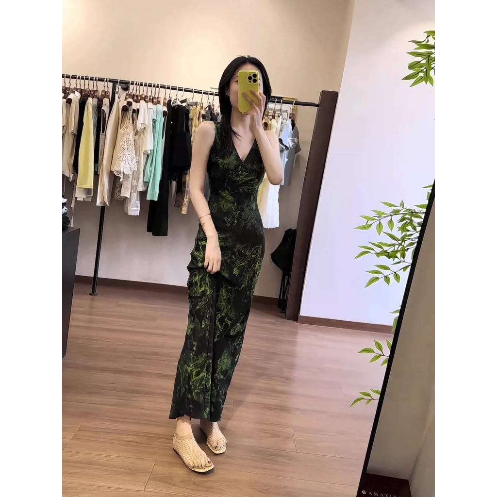 Váy Maxi Ôm Body Cổ Tim Họa Tiết Xanh Đen Sang Chảnh , Đầm Dài Dáng Suông Tôn Dáng Thanh Lịch New 2026