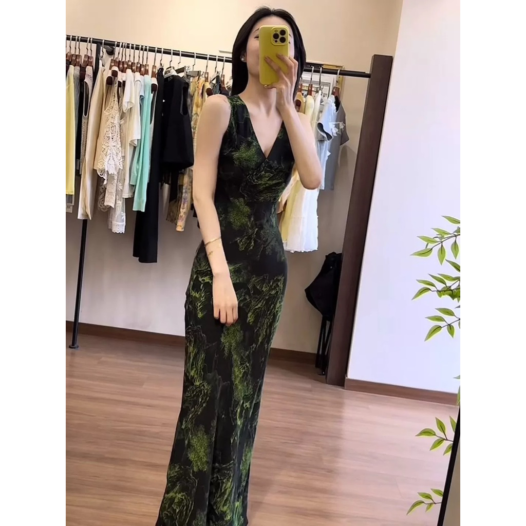 Váy Maxi Ôm Body Cổ Tim Họa Tiết Xanh Đen Sang Chảnh , Đầm Dài Dáng Suông Tôn Dáng Thanh Lịch New 2026