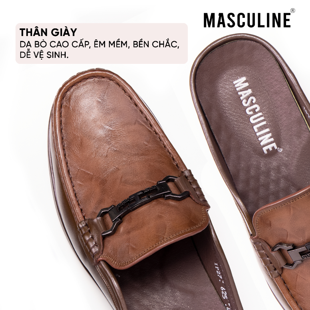 Giày Sabo nam MASCULINE GSB608 Da bò mềm đế êm chống trượt khóa xích kim loại phong cách Loafer
