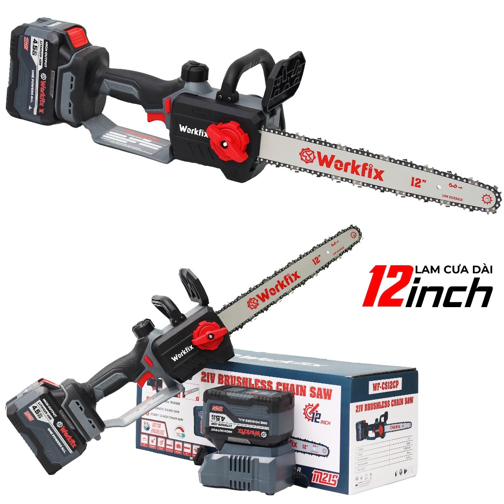 [Kèm Xích Lẻ] Máy Cưa Xích 12inch WF-CS12CV Workfix Pin 15CELL Tra Nhớt Tự Động, Cưa Gỗ, Cắt Cây,..