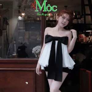 QC_Set váy ngắn áo Nơ lớn phối chân váy ôm có lót quần chất Tuyết Mưa mát nhẹ nữ tính xinh xắn
