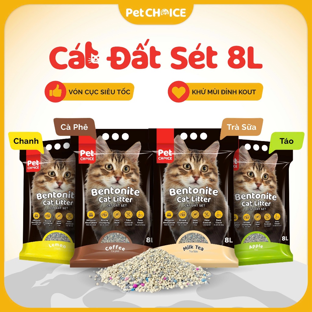 CÁT ĐẤT SÉT cho mèo PetChoice, cát vệ sinh cho mèo khử mùi, ít bụi, siêu vón cục 3.8kg/8L