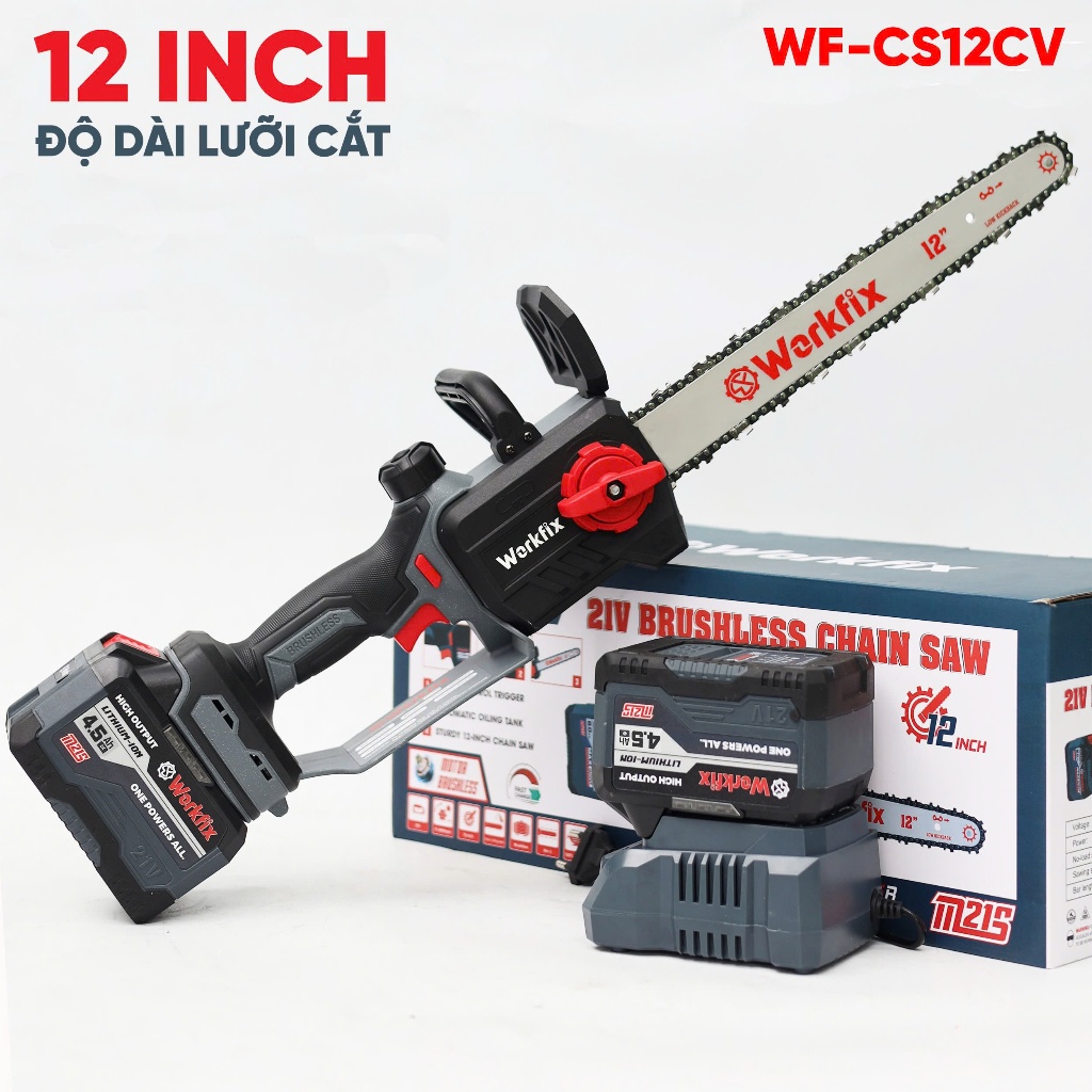 Máy cưa xích Workfix 12INCH WF-CS12CV có bình tra nhớ tự động Không chổi than, Công Suất 850w Pin 15 cell