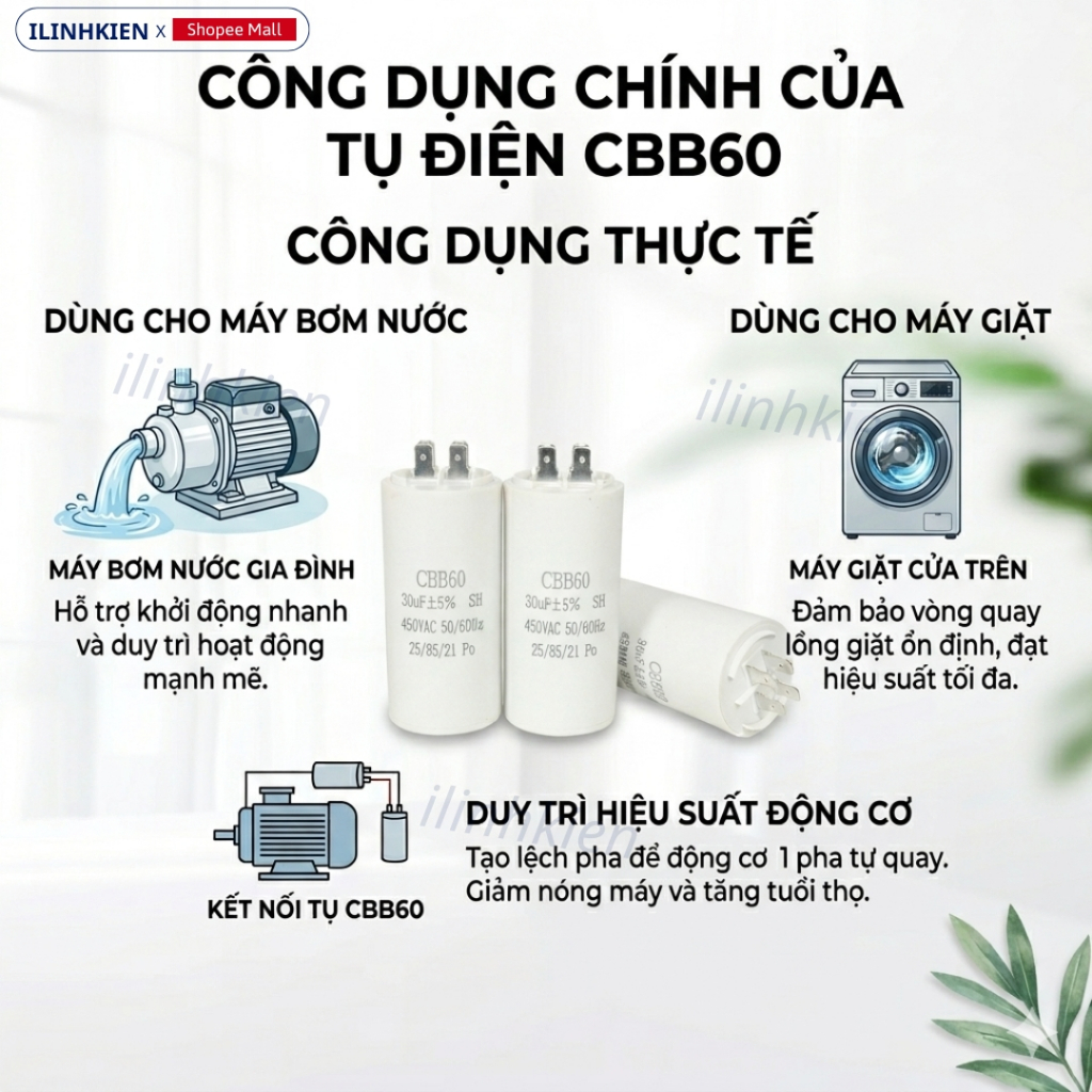 Tụ khởi động máy bơm nước CBB60 450V 4uF-450uF 4 chân jack cắm chính hãng iLinhkien