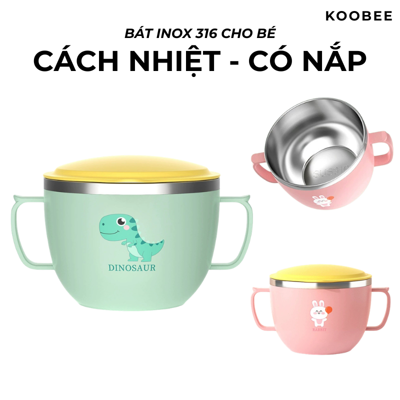 Bát Ăn Dặm Inox 316 Quai Cầm Đôi Cách Nhiệt Chống Nóng 2 Lớp Có Nắp Đậy – An Toàn, Tiện Lợi Cho Bé | 251