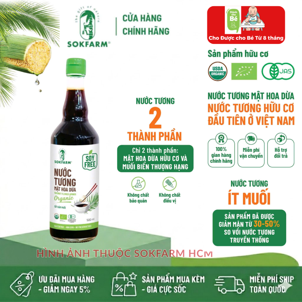 [SALE Chai 500ml] Nước tương hữu cơ mật hoa dừa Sokfarm Organic không đậu nành, giảm muối