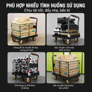 Xe đẩy hàng rào cao bảo vệ  Nhập Khẩu Tải Trọng 600kg bánh xe im lặng xoay đa năng kho hàng gia đình