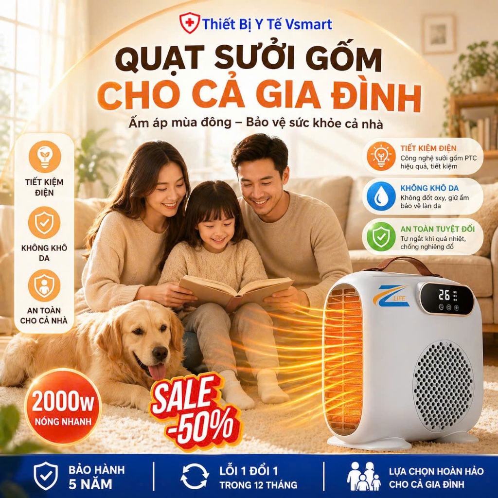Quạt Sưởi Ấm Phòng Tắm Mùa Đông 2000w Zlife, Máy Sưởi Gốm Cho Bé Sơ Sinh Tiết Kiệm Điện Không Khô Da