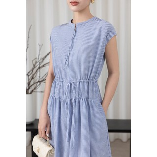 SWANLAKE | Váy Đầm Nữ Suông Vải Cotton Sọc Cổ Trụ Cài Nút Tay Hến Dây Thắt Eo Dạo Phố Hè D13659