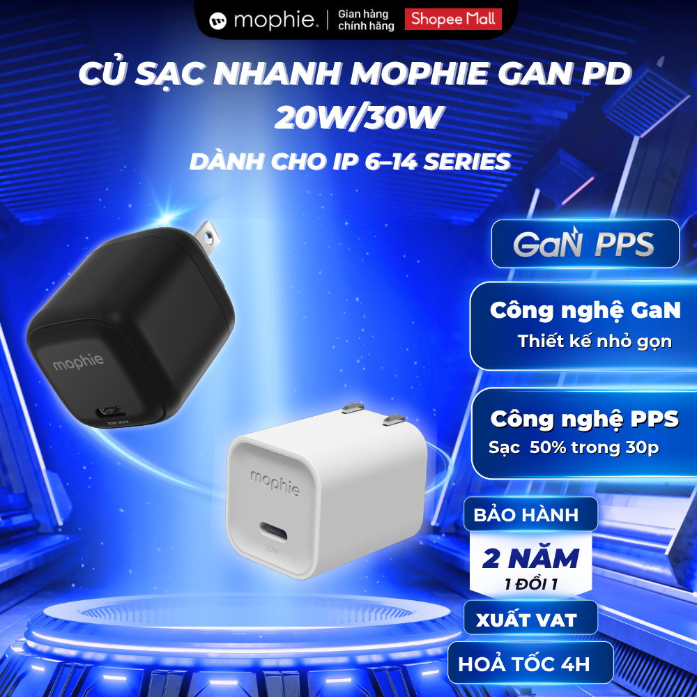 Củ Sạc Nhanh PD Mophie 20W 30W Dành Cho iP6 - iP14 Series Công Nghệ GaN Bảo Hành 2 Năm 1 Đổi 1, Hàng Chính Hãng