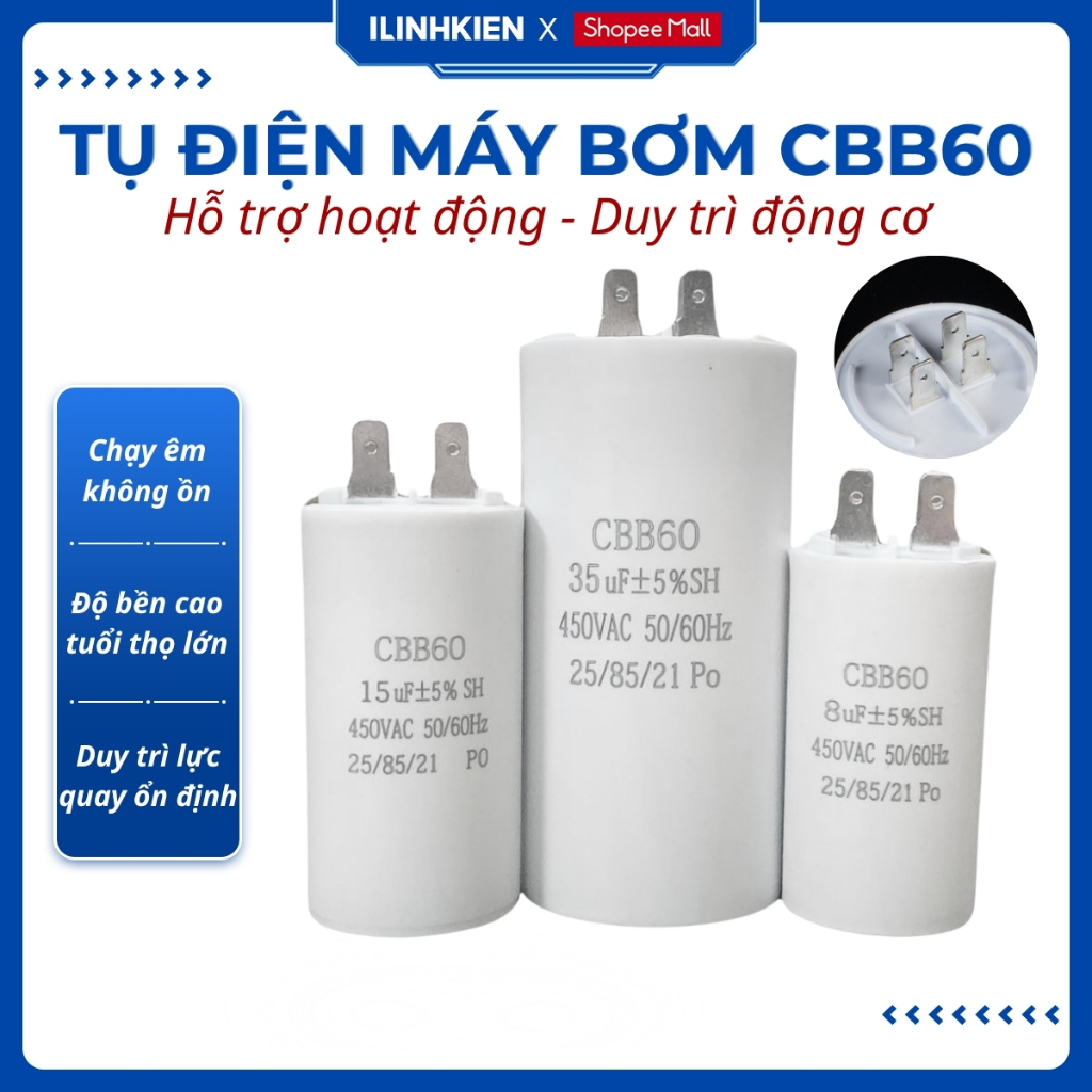 Tụ khởi động máy bơm nước CBB60 450V 4uF-450uF 4 chân jack cắm chính hãng iLinhkien