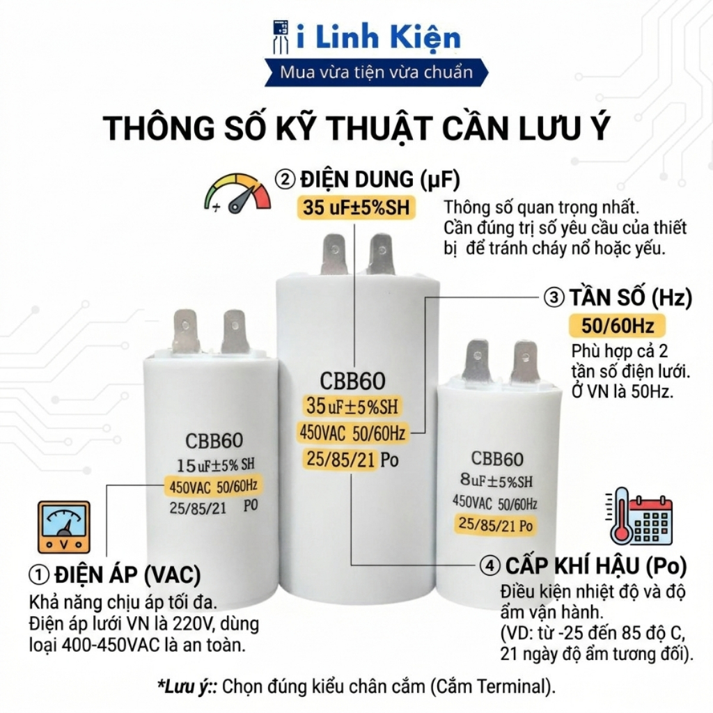 Tụ khởi động máy bơm nước CBB60 450V 4uF-450uF 4 chân jack cắm chính hãng iLinhkien