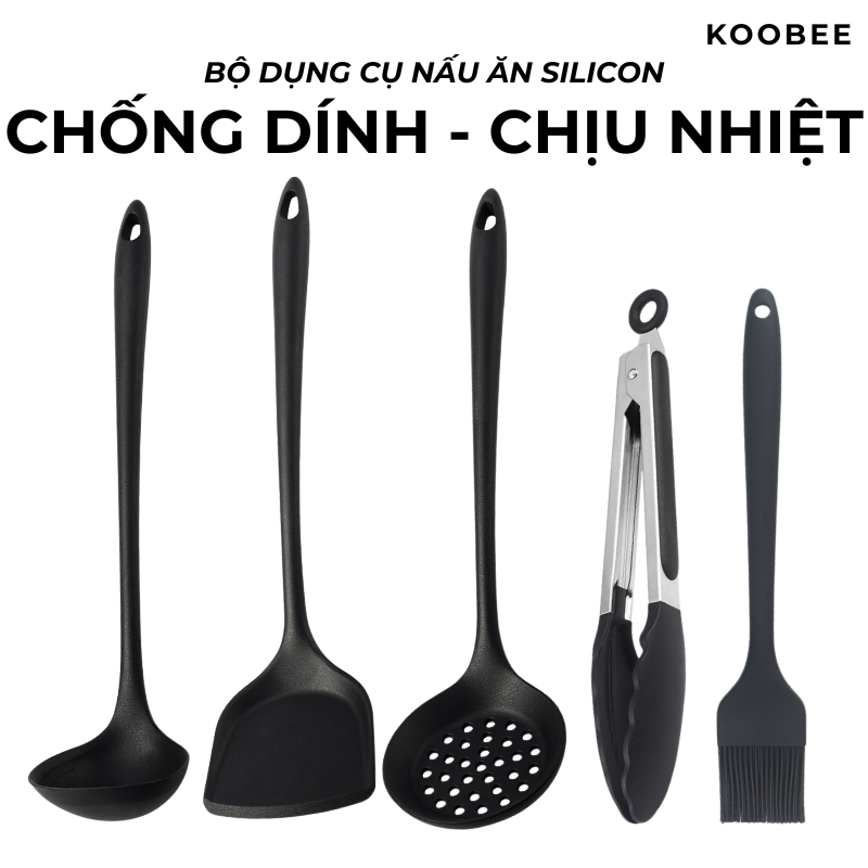 Bộ 05 Dụng Cụ Nhà Bếp KOOBEE: Muôi – Xẻng – Kẹp Gắp – Chổi Quét Dầu –  Chống Dính, Chịu Nhiệt, Không Gây Trầy Chảo | 316