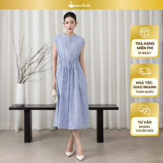 SWANLAKE | Váy Đầm Nữ Suông Vải Cotton Sọc Cổ Trụ Cài Nút Tay Hến Dây Thắt Eo Dạo Phố Hè D13659
