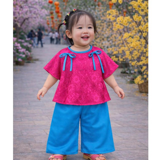 Bộ đồ bà ba bé gái chất lụa gấm cao cấp chơi Trung Thu, Pháp phục đi chùa cho bé phối nơ xinh xắn dễ thương BB03-BIATON