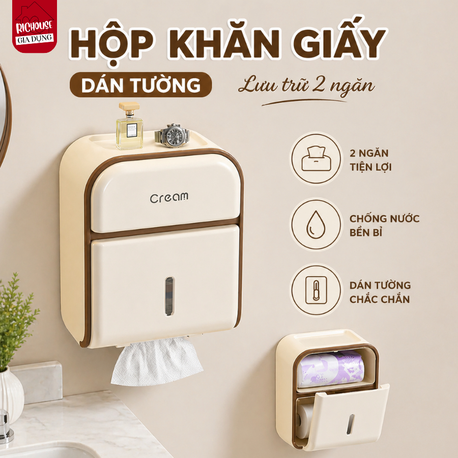 Hộp Giấy Vệ Sinh Treo Tường 2 Ngăn, hộp giấy vệ sinh đa năng chất liệu PP cao cấp chống nước