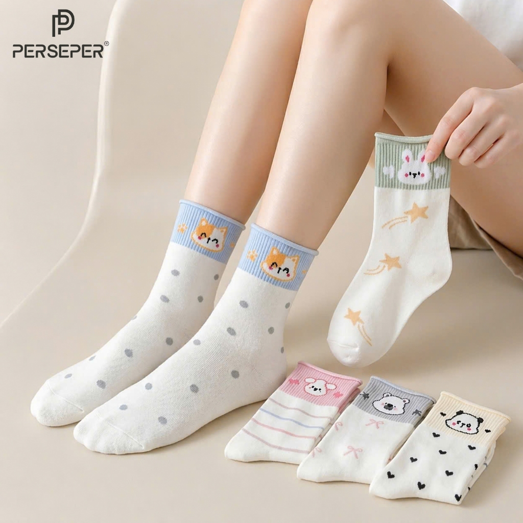 Tất vớ nữ cổ cao nhún họa tiết thú dễ thương màu sắc, chất liệu mềm mịn co giãn 4 chiều - Ekiu Perseper