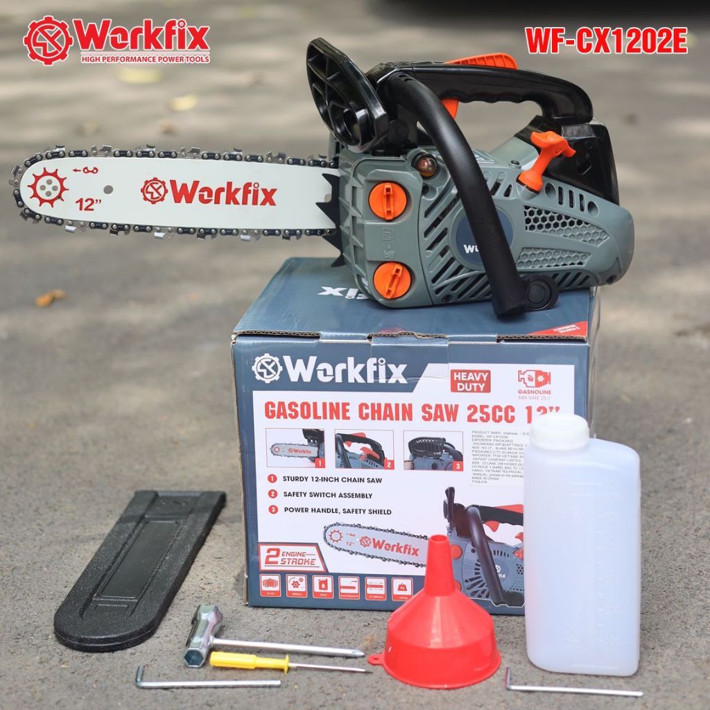 Máy cưa xích dùng xăng WORKFIX WF-CX1202E, Công suất 900W, Lam 12INCH, Động cơ xăng 2 thì 25.4CC mạnh mẽ
