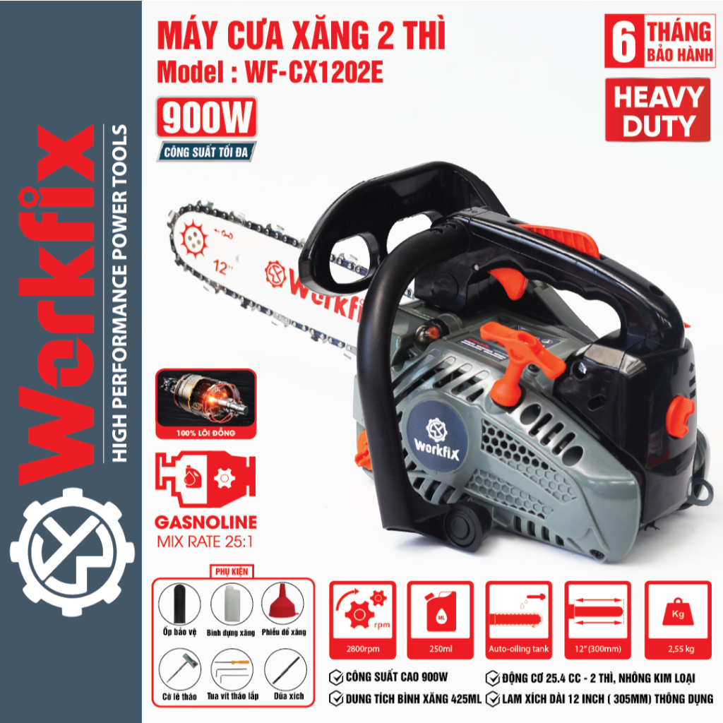 Máy cưa xích dùng xăng WORKFIX WF-CX1202E, Công suất 900W, Lam 12INCH, Động cơ xăng 2 thì 25.4CC mạnh mẽ
