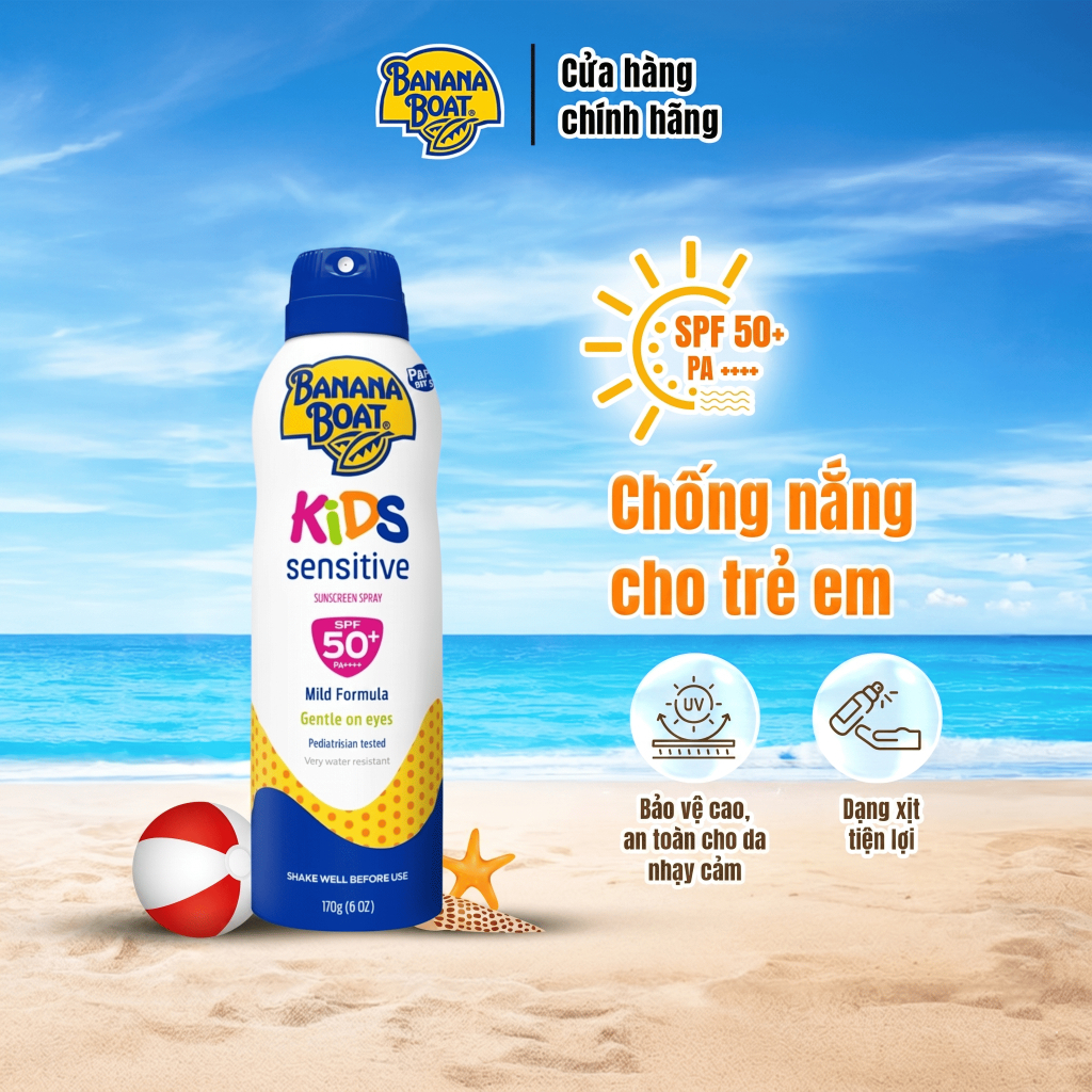 Kem Chống Nắng Banana Boat Dạng Xịt Dành Cho Trẻ Em Kids Sensitive Sunscreen Spray - SPF50+/170G