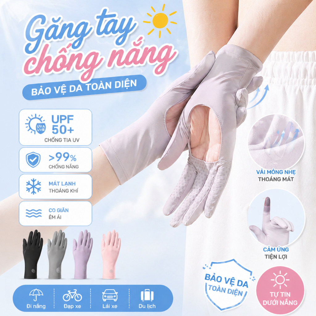 Găng Tay Chống Nắng UPF50+ Cho Nữ, Găng Tay Chống Tia UV, Thoáng Khí, Bảo Vệ Da Tay Hiệu Quả