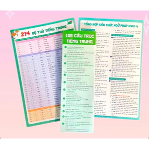 Bộ 3 Tờ Gấp Ngữ Pháp Tiếng Trung ,Tổng Hợp 100 cấu trúc ,214 bộ thủ chung phục HSK1-4