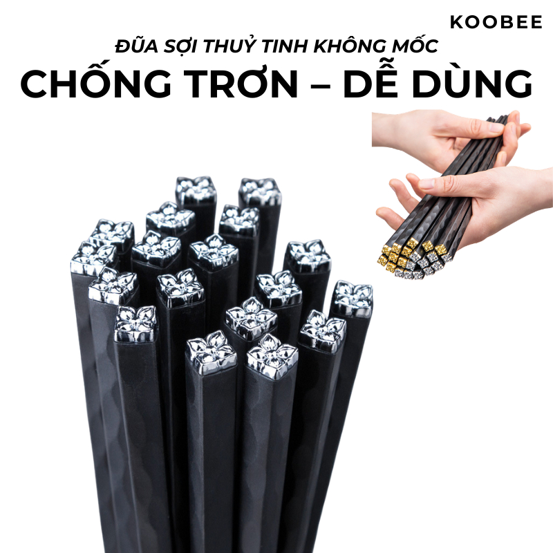 Bộ 5/10 Đôi Đũa Sợi Thủy Tinh Màu Đen Thân Vuông Mạ Bạc Chống Mốc, Chịu Nhiệt, Chống Trơn Trượt KOOBEE | 156