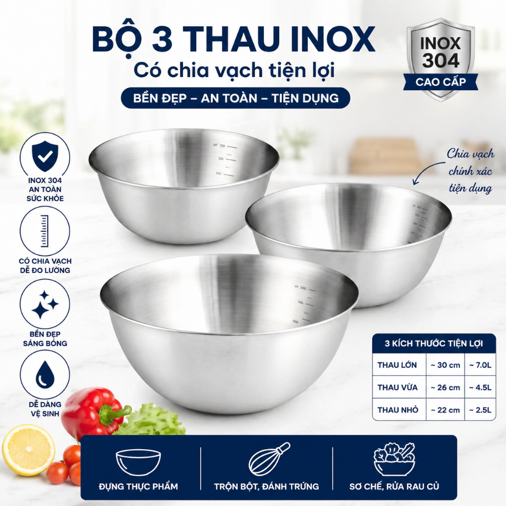 Bộ 3 bát âu trộn bột trộn salad inox 304 size lớn, set 3 thau vạch chia ...