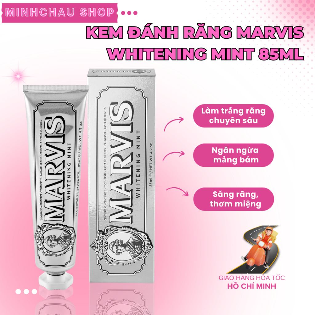 (Marvis chính hãng) Kem Đánh Răng MARVIS WHITENING MINT 85ml (Hương bạc hà) – Hơi thở thơm mát sạch miệng, ngừa mảng bám